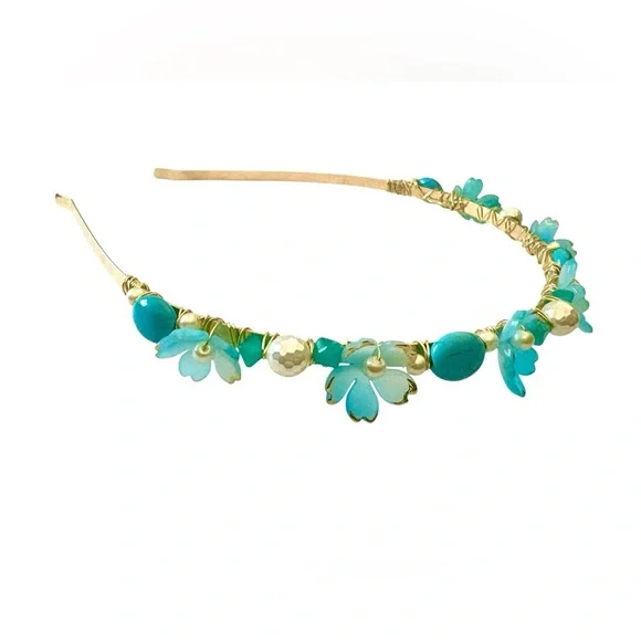 Fairy Headband with Lucite Flowers, Turquoise, Czech Glass and Glass Pearls - Picture 4 of 9